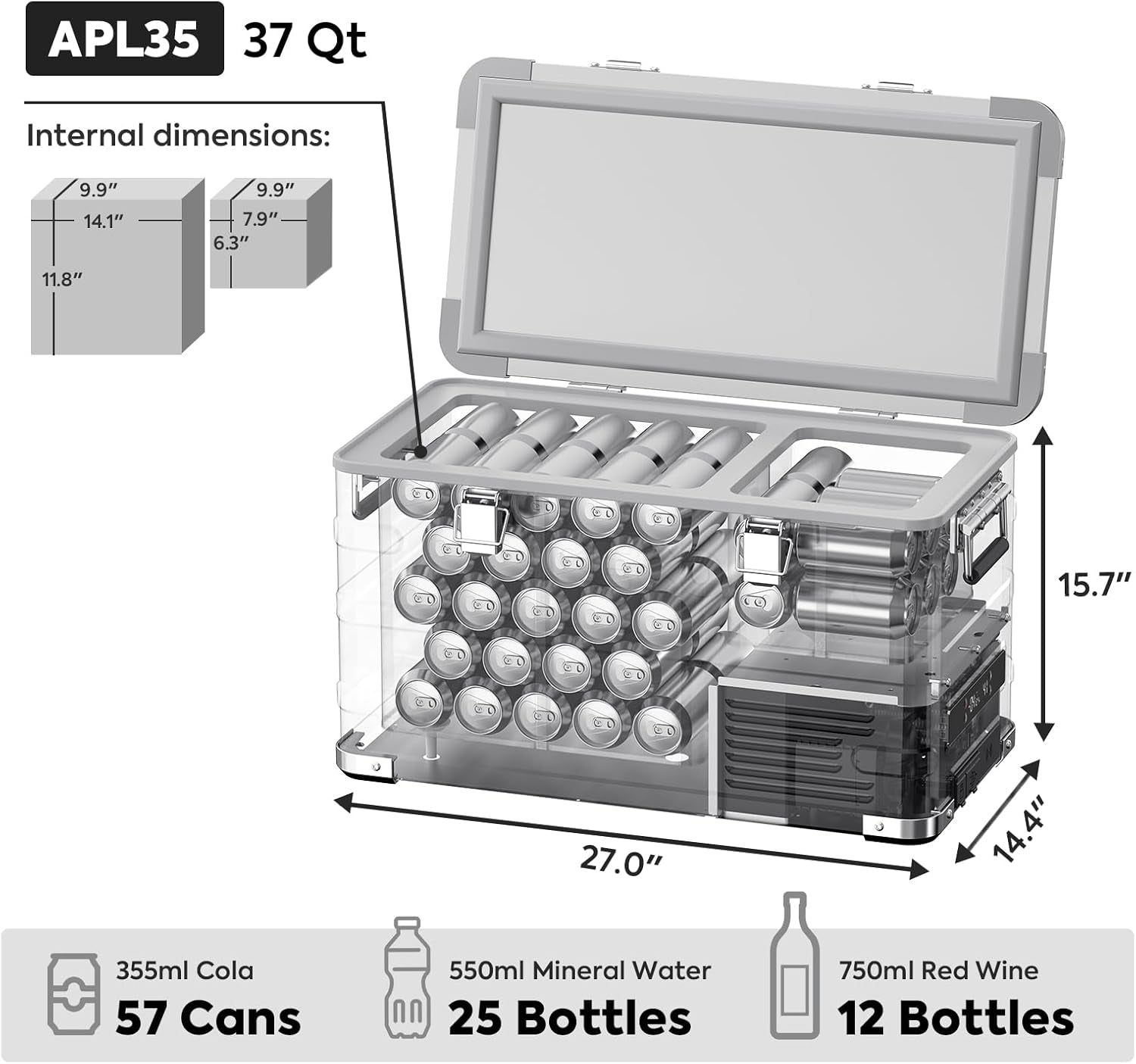 APL35 12 Volt Car Refrigerator, 37 Quart (30 Liter) Light Duty Aluminum 12V Portable Fridge Freezer, SECOP Nano Compressor, -4℉~68℉, 12/24V DC, 100-240V AC for Outdoor, Camping, RV, Truck, Boat