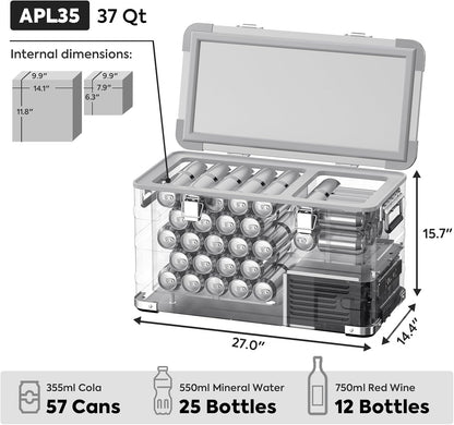 APL35 12 Volt Car Refrigerator, 37 Quart (30 Liter) Light Duty Aluminum 12V Portable Fridge Freezer, SECOP Nano Compressor, -4℉~68℉, 12/24V DC, 100-240V AC for Outdoor, Camping, RV, Truck, Boat