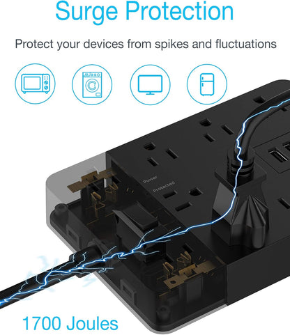 Mountable Power Strip Extension Cord with Surge Protector, 10 AC Outlets, and 3 USB Charging Ports for Home and Offices, Black