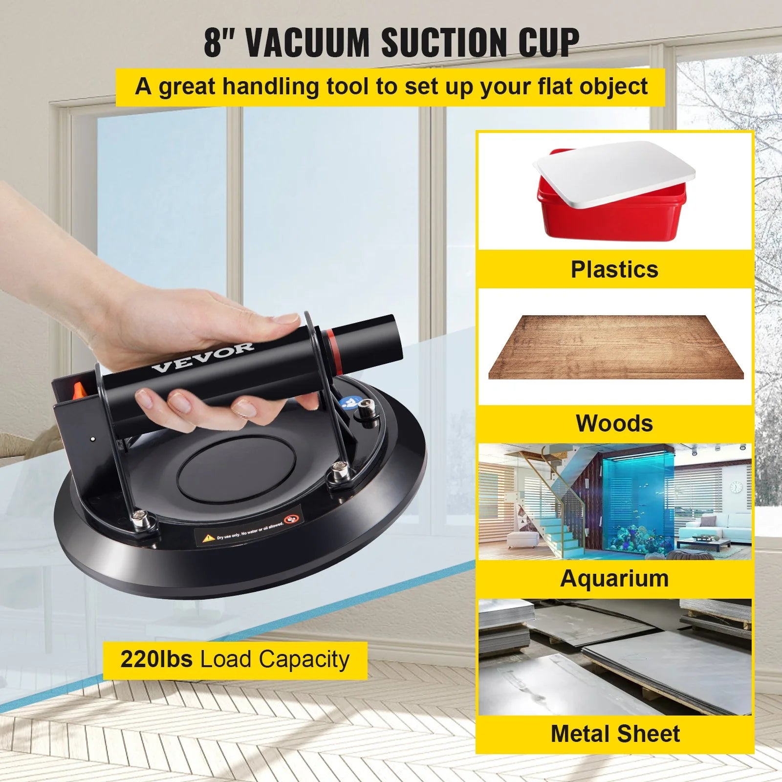 VEVOR Glass Suction Cup, 8'' Vacuum Suction Cup, 220Lbs Load Capacity Vacuum Glass Lifter with Plastic Handle, Heavy-Duty Hand-Held Glass Lifter for Granite & Glass Lifting£¨With a Free Case£©